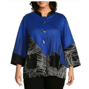 Ali Miles Faux Suede Knit Jacket 2X Cobalt Blue Black Abstract Print Blazer